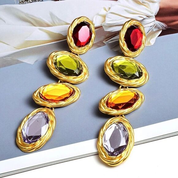 Colorful Rhinestone Long Drop Earrings Statement - Picture 3 of 5
